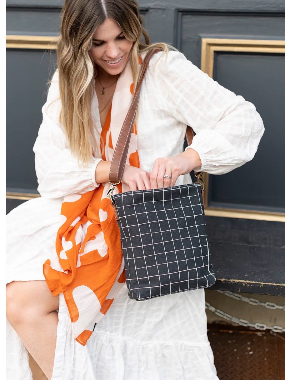 Maika Black Grid Crossbody with Brown Strap